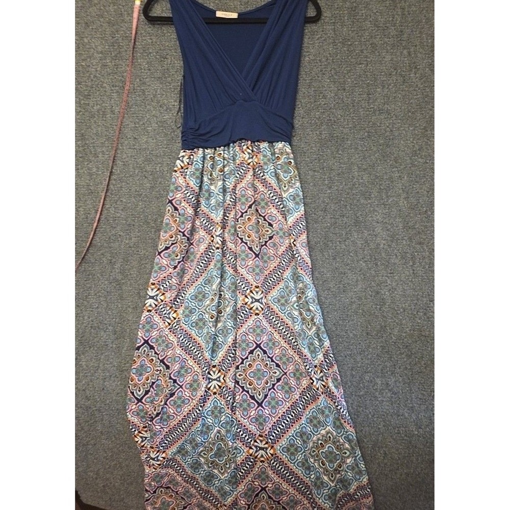 Dress Womens M Blue Geometric Print V Neck Sleeveless Maxi Stretch Boho Jersey